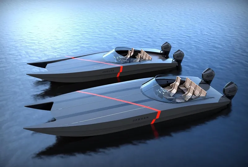 Slide: The Image of 2024 Jaguar 37 Wildcat speedboats on water, sleek design with red accents. - 5