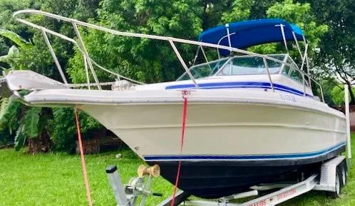 The Image of 1990 Sea Ray 240 Sundeck boat on trailer with blue canopy in grassy area. - 0
