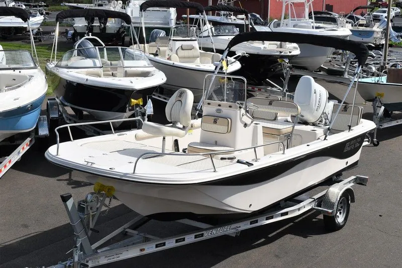 Slide: The Image of 2021 Carolina Skiff 19 LS boat on trailer, surrounded by other boats in a marina. - 3