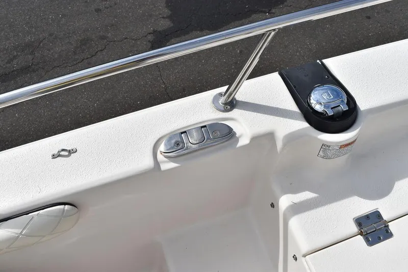 Slide: The Image of 2021 Carolina Skiff 19 LS boat deck with stainless steel railing and fuel cap. - 48