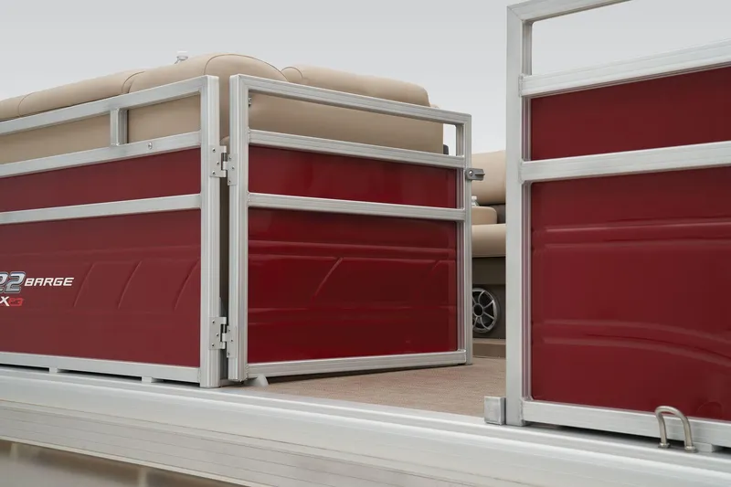 Slide: The Image of 2024 Sun Tracker Party Barge 22 XP3 logo on red exterior. - 15