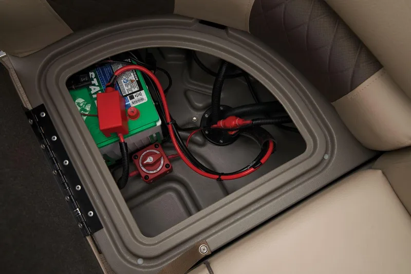 Slide: The Image of 2024 Sun Tracker Party Barge 22 XP3 storage compartment with secure latch. - 45