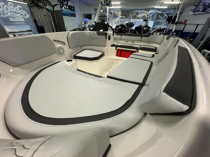 Slide: The Image of 2025 Bayliner Element M15 boat interior with sleek seating and modern design. - 8