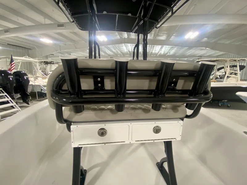 Slide: The Image of 2024 Savannah SS21 boat interior with rod holders and storage compartments. - 11