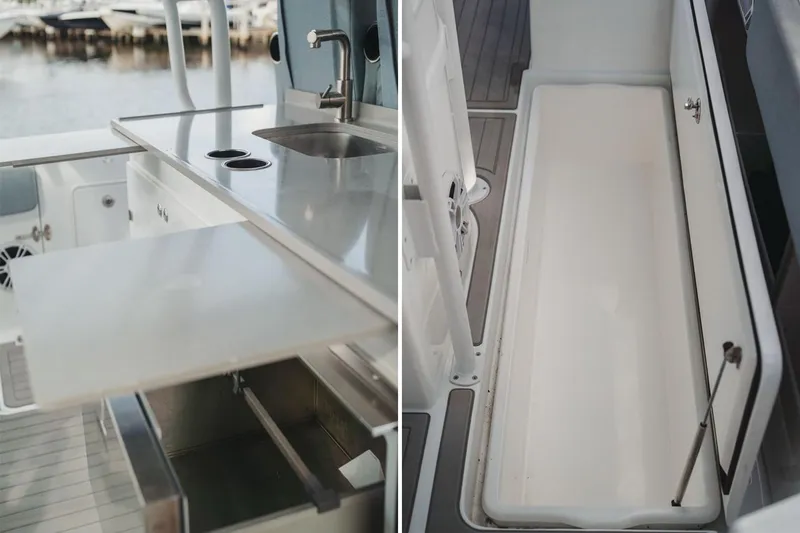 Slide: The Image of 2024 YachtCat 41 features sleek kitchen and spacious storage area on deck. - 10
