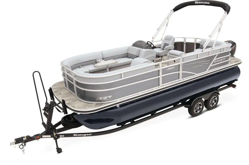 Slide: The Image of 2024 Ranger Reata 223C pontoon boat on trailer. - 1