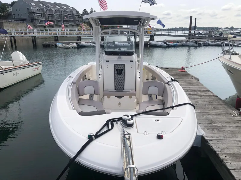 Slide: The Image of 2019 Wellcraft 242 Fisherman boat docked at a marina, featuring a sleek white design. - 2
