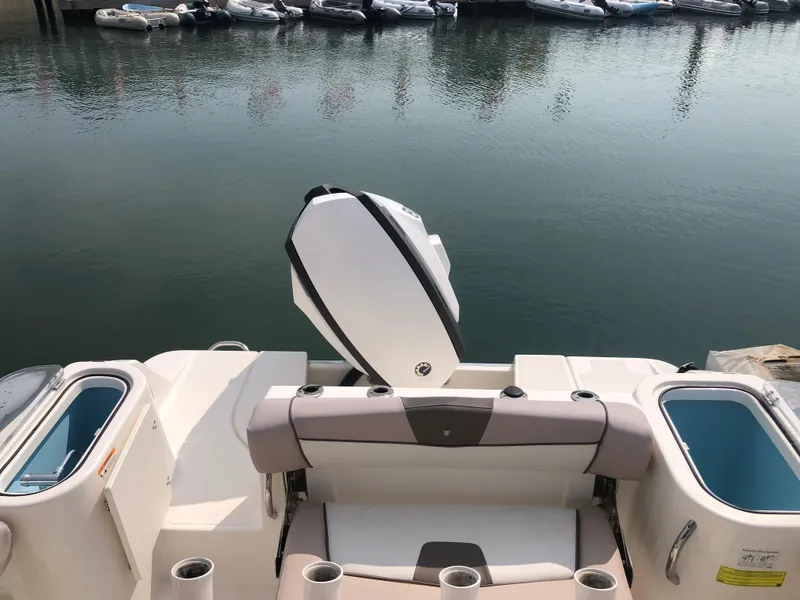 Slide: The Image of 2019 Wellcraft 242 Fisherman boat with outboard motor, docked at a marina. - 30