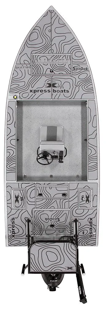Slide: The Image of Xpress Skiff 185 boat, top view, featuring SeaDek flooring, model year 2025. - 13