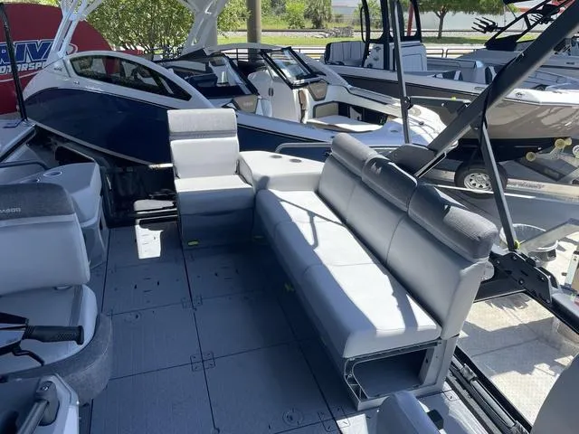 Slide: The Image of 2023 Sea-Doo Switch® Sport 21-230 hp Galvanized interior with seating and controls. - 7