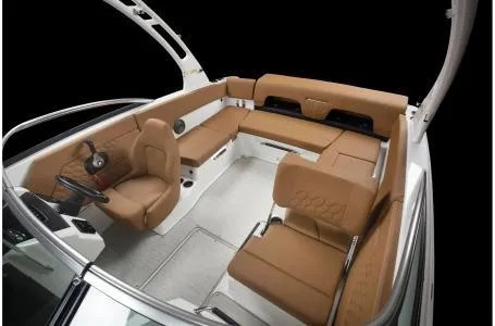 Slide: The Image of 2024 Four Winns H1 OB boat interior with tan leather seating. - 7
