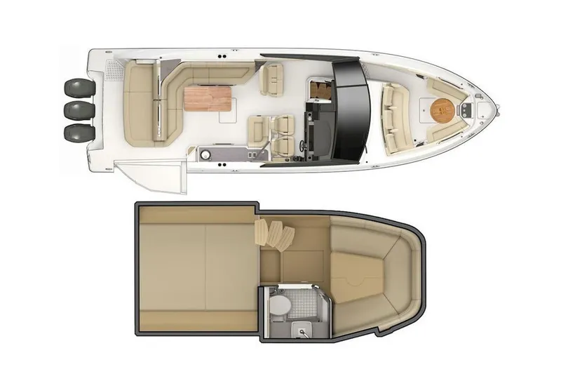 Slide: The Image of 2021 Sea Ray 400 SLX Outboard boat layout with interior and exterior views. - 42