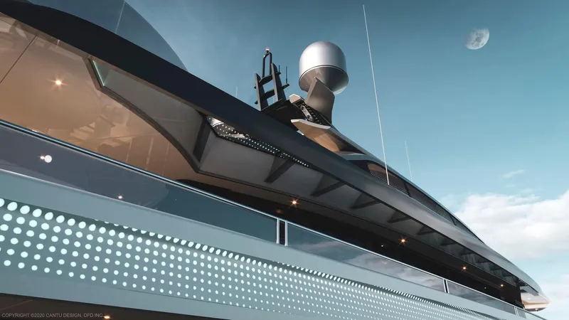 Slide: The Image of Futuristic 2027 Custom 51m Hybrid SINDERELLA yacht under a clear sky with visible moon. - 10