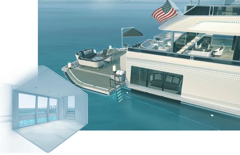 Slide: The Image of Custom 51m Hybrid SINDERELLA yacht, 2027 model, with luxurious deck and interior pool view. - 11