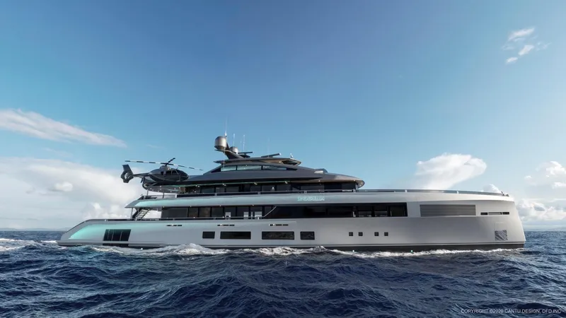 Slide: The Image of Custom 51m Hybrid SINDERELLA yacht, 2027 model, cruising with helicopter on deck. - 13