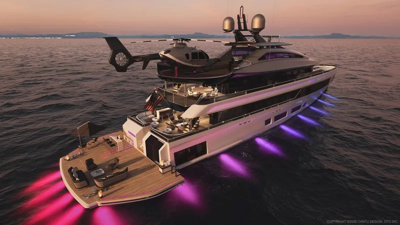 Slide: The Image of Luxurious 2027 Custom 51m Hybrid SINDERELLA yacht with helicopter, glowing lights at sunset. - 14