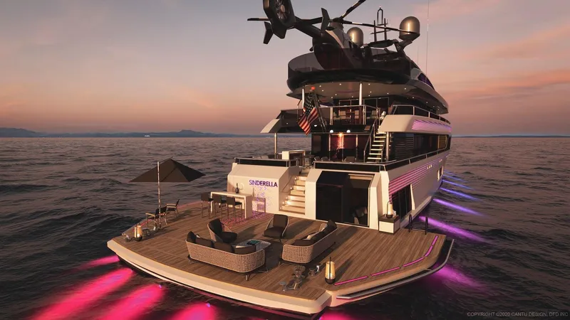 Slide: The Image of Luxurious 2027 Custom 51m Hybrid SINDERELLA yacht with elegant deck and ambient lighting. - 15