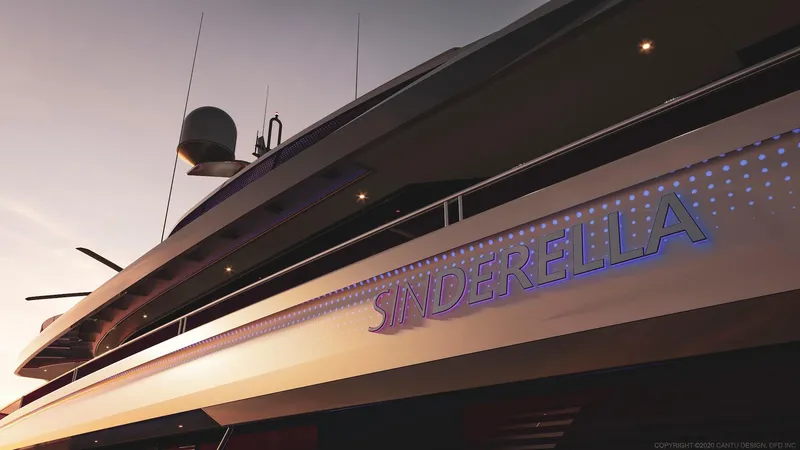 Slide: The Image of Custom 51m Hybrid SINDERELLA yacht, 2027 model, illuminated nameplate at sunset. - 16