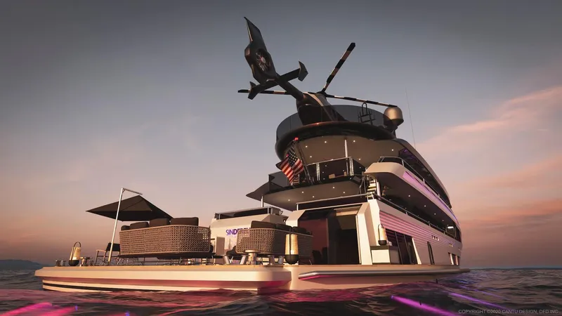 Slide: The Image of Luxury 2027 Custom 51m Hybrid SINDERELLA yacht with helicopter, sunset view. - 5