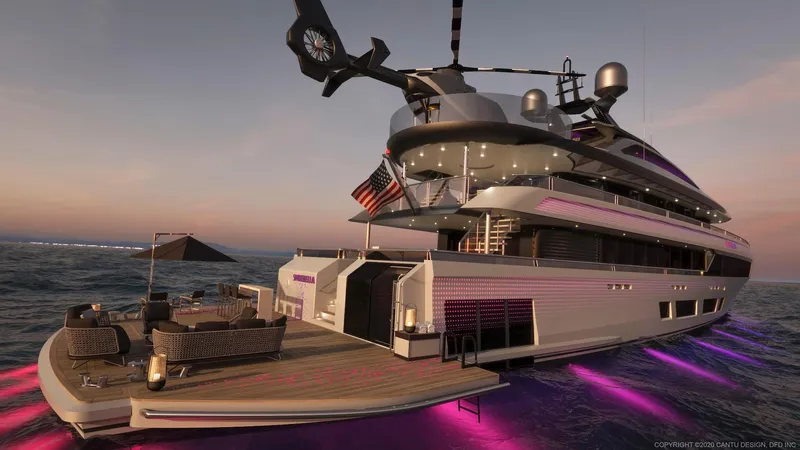 Slide: The Image of Luxurious 2027 Custom 51m Hybrid SINDERELLA yacht with modern design and vibrant lighting at sunset. - 6