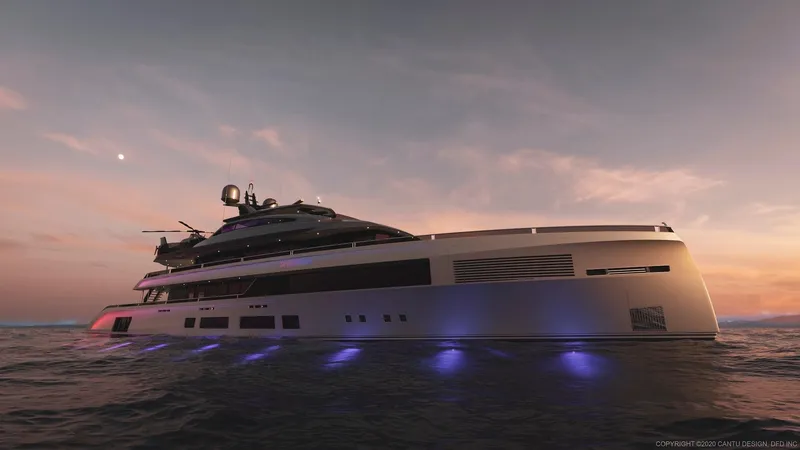Slide: The Image of Luxurious 2027 Custom 51m Hybrid SINDERELLA yacht at sunset with glowing underwater lights. - 7