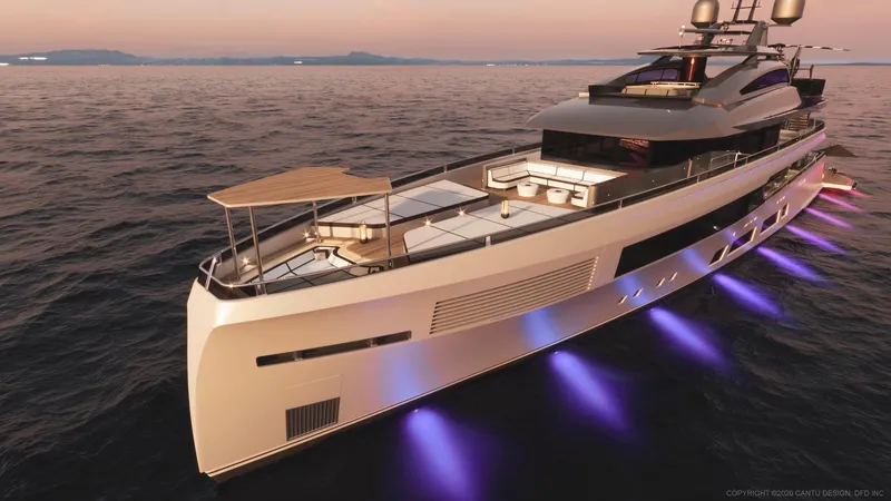 Slide: The Image of Luxurious 2027 Custom 51m Hybrid SINDERELLA yacht with glowing underwater lights at sunset. - 8