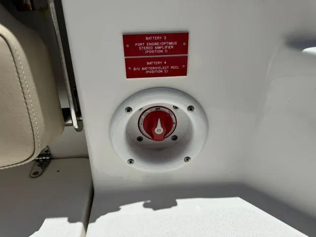 Slide: The Image of Battery switch on 2017 Sea Fox 288 Commander boat, labeled for engine and accessories. - 44