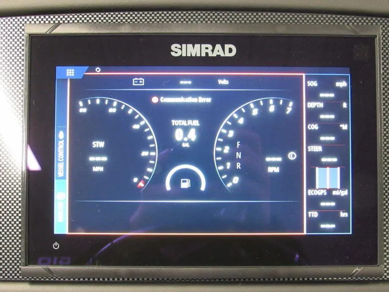 Slide: The Image of 2023 Viaggio Diamante U D21U Simrad dashboard display showing speed, fuel, and RPM. - 14