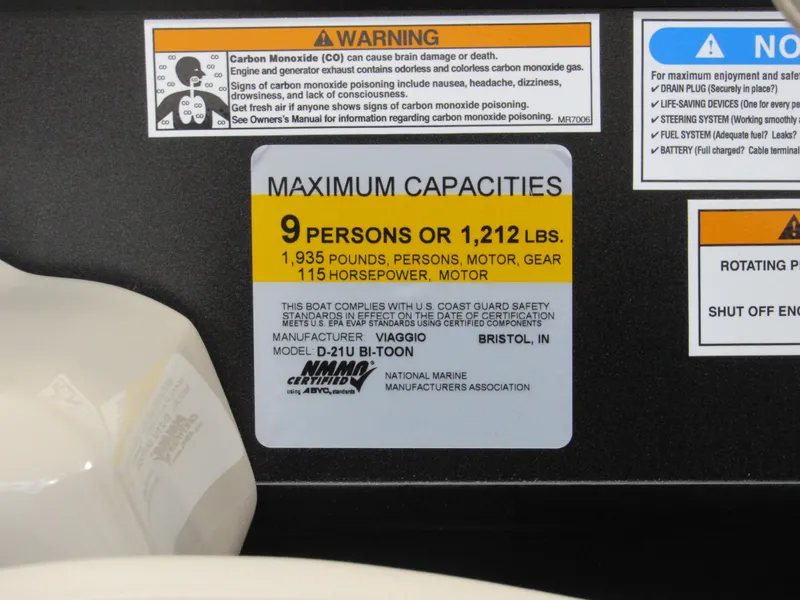 Slide: The Image of Viaggio Diamante U D21U 2023 boat capacity label: 9 persons or 1,212 lbs, 115 horsepower. - 22