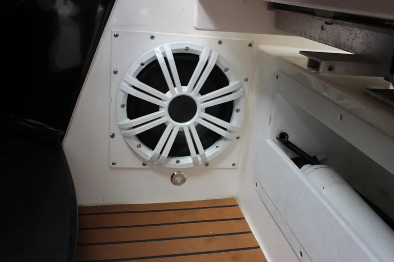 Slide: The Image of 2011 Rinker 310 Express Cruiser interior speaker and storage compartment. - 30