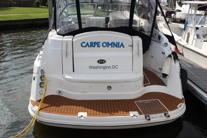 Slide: The Image of 2011 Rinker 310 Express Cruiser docked, rear view with Carpe Omnia and Washington, DC. - 34