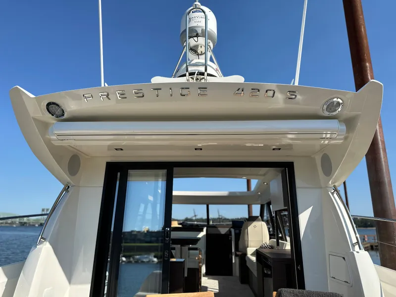 Slide: The Image of 2021 Prestige 420 S yacht with open cabin and modern design. - 12