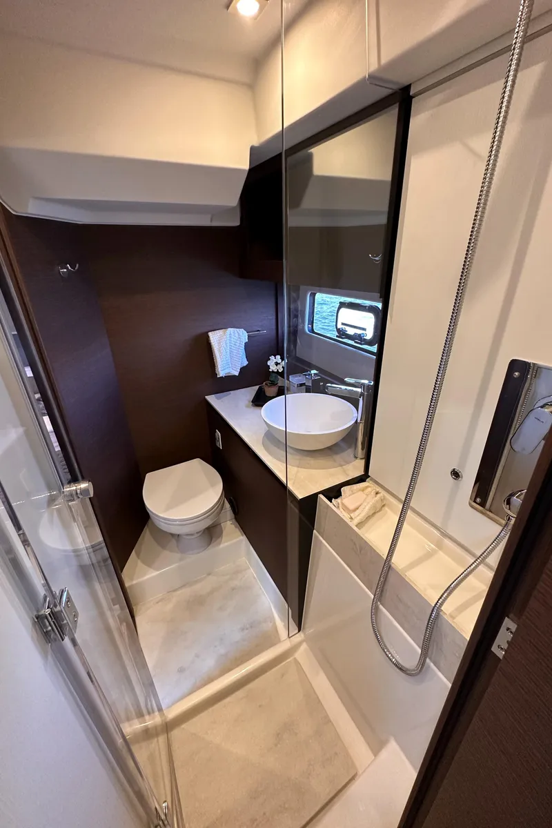 Slide: The Image of 2021 Prestige 420 S yacht bathroom with modern fixtures and shower. - 37
