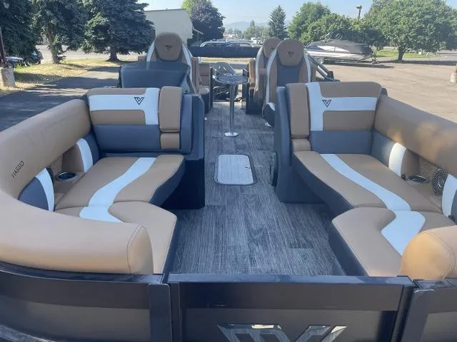 Slide: The Image of 2022 Viaggio D23Q pontoon boat with spacious seating and modern design. - 12