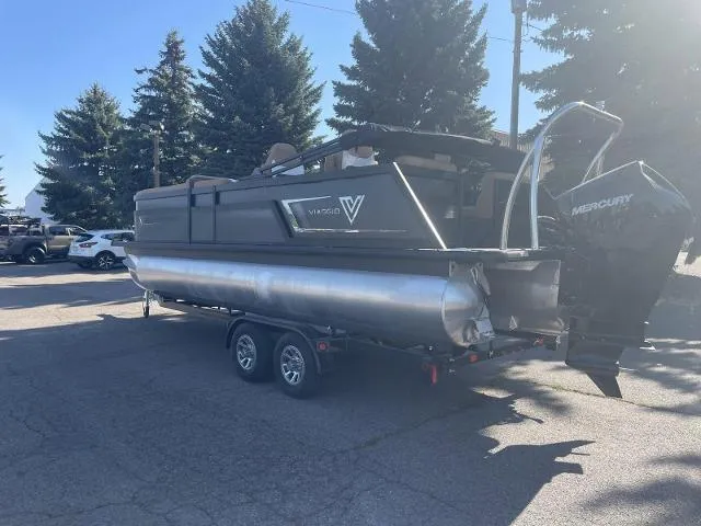 Slide: The Image of Viaggio D23Q 2022 pontoon boat on trailer with Mercury outboard motor. - 4