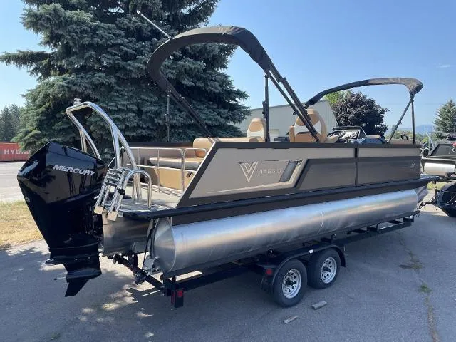 Slide: The Image of 2022 Viaggio D23S pontoon boat on trailer with Mercury outboard motor. - 2