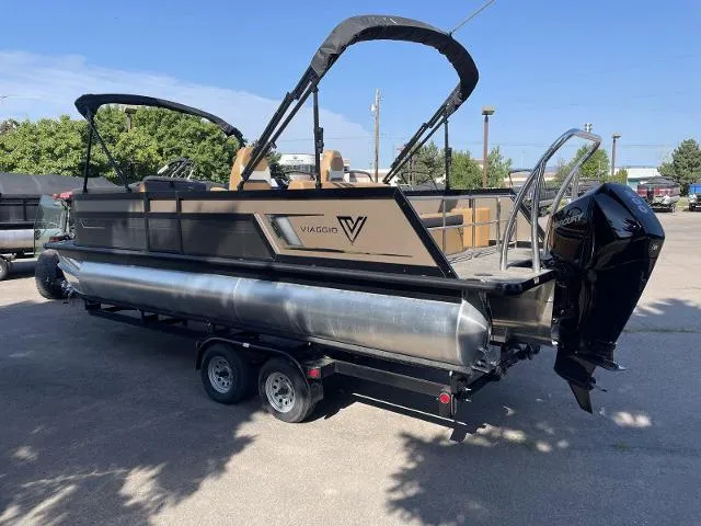 Slide: The Image of 2022 Viaggio D23S pontoon boat on trailer with outboard motor. - 4