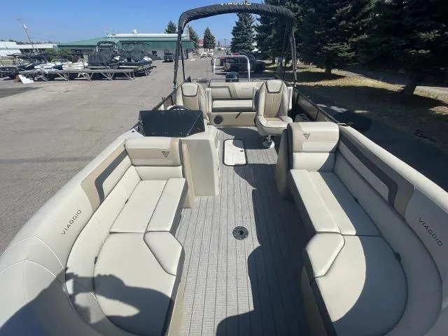Slide: The Image of 2022 Viaggio L22S pontoon boat with spacious seating and modern design. - 13