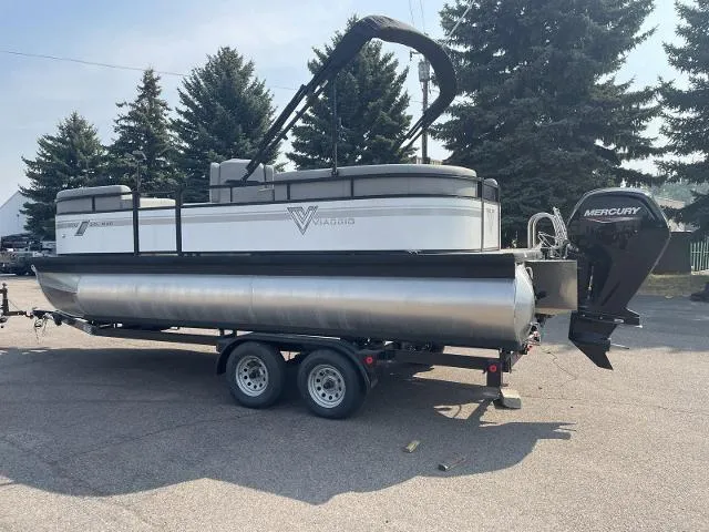 Slide: The Image of 2022 Viaggio DM20U pontoon boat on trailer with Mercury outboard motor. - 6