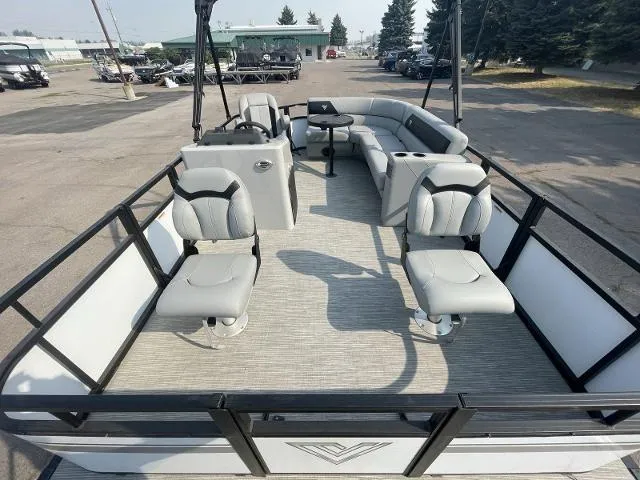 Slide: The Image of 2022 Viaggio DM16F pontoon boat with spacious seating and modern design. - 11