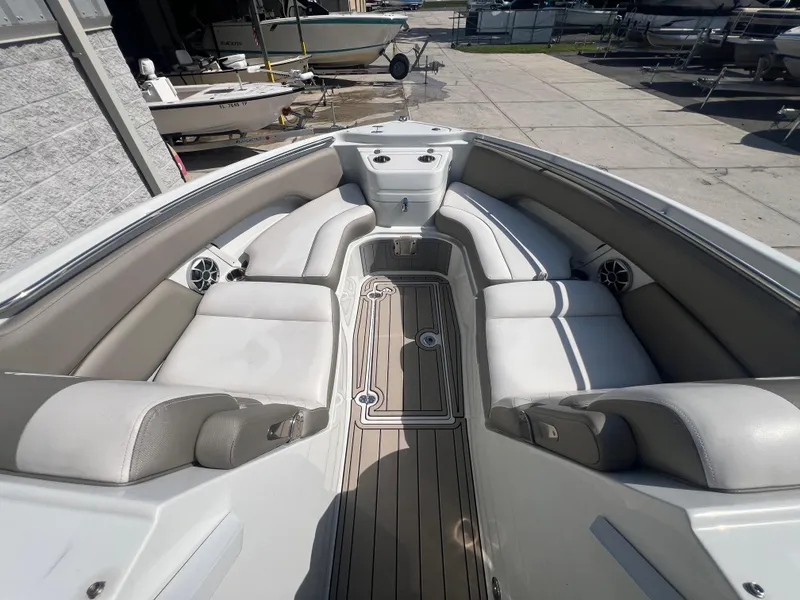 Slide: The Image of 2023 Finseeker 280 DC boat interior with spacious seating and modern design. - 10