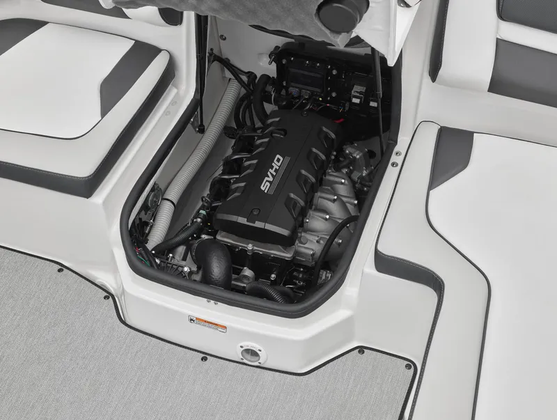 Slide: The Image of 2024 Yamaha Boats AR195 engine compartment with clean, modern design. - 1