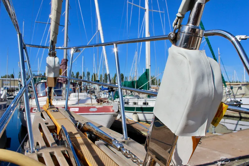 Slide: The Image of Sailboat deck view, Cape George 45, 2018 model, docked in marina. - 16