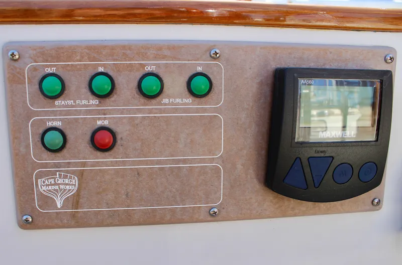 Slide: The Image of Control panel of a 2018 Cape George 45 sailboat with buttons and display. - 35