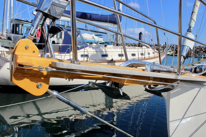 Slide: The Image of Cape George 45 sailboat, 2018 model, docked in marina with clear blue sky. - 4