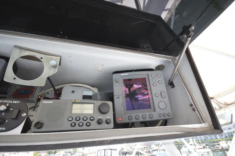 Slide: The Image of Navigation and communication equipment on a 1973 Hatteras 45 Convertible boat. - 13