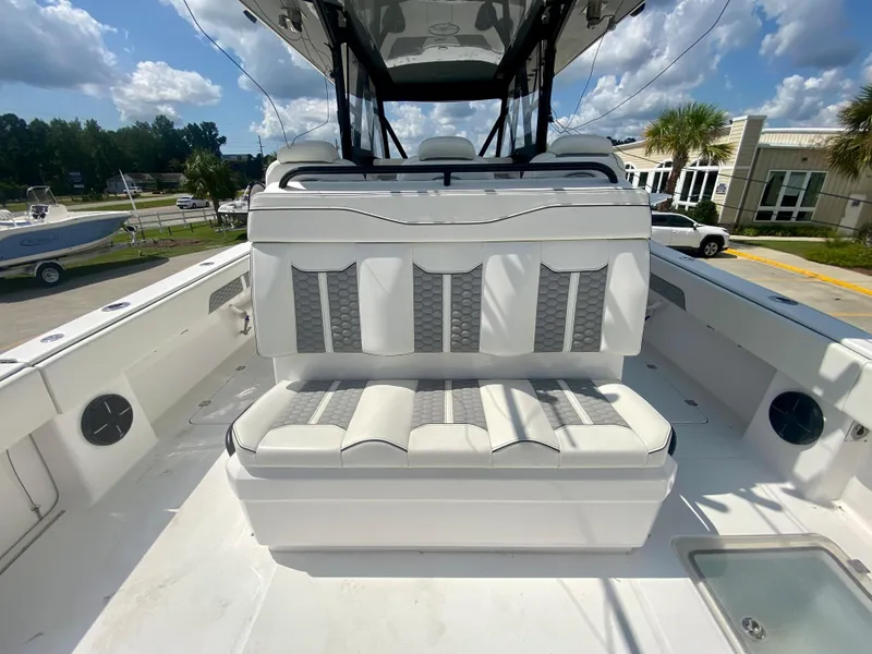 Slide: The Image of 2022 Invincible 35 Catamaran with spacious seating and modern design. - 10