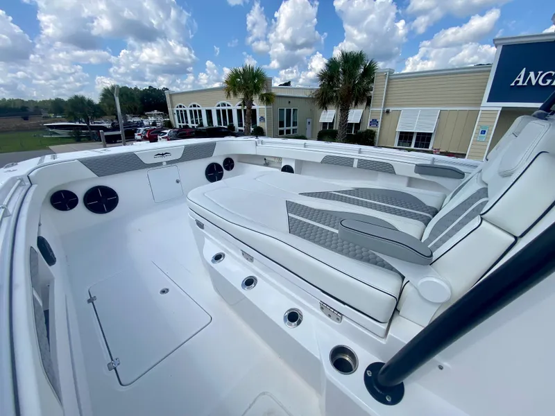 Slide: The Image of 2022 Invincible 35 Catamaran with spacious seating and modern design. - 27