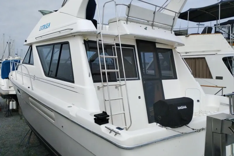 Slide: The Image of 1995 Bayliner 3988 Motoryacht with ladder and covered grill, docked at marina. - 14