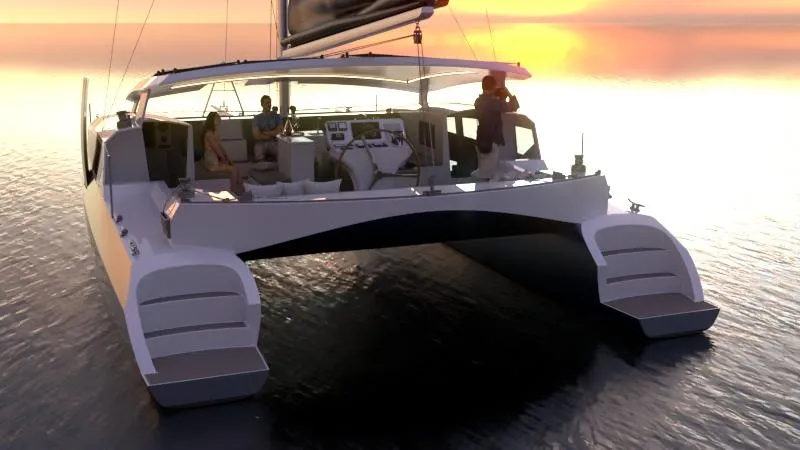 The Image of 2025 Catamaran Cruisers Day Sailor at sunset with people relaxing onboard. - 0